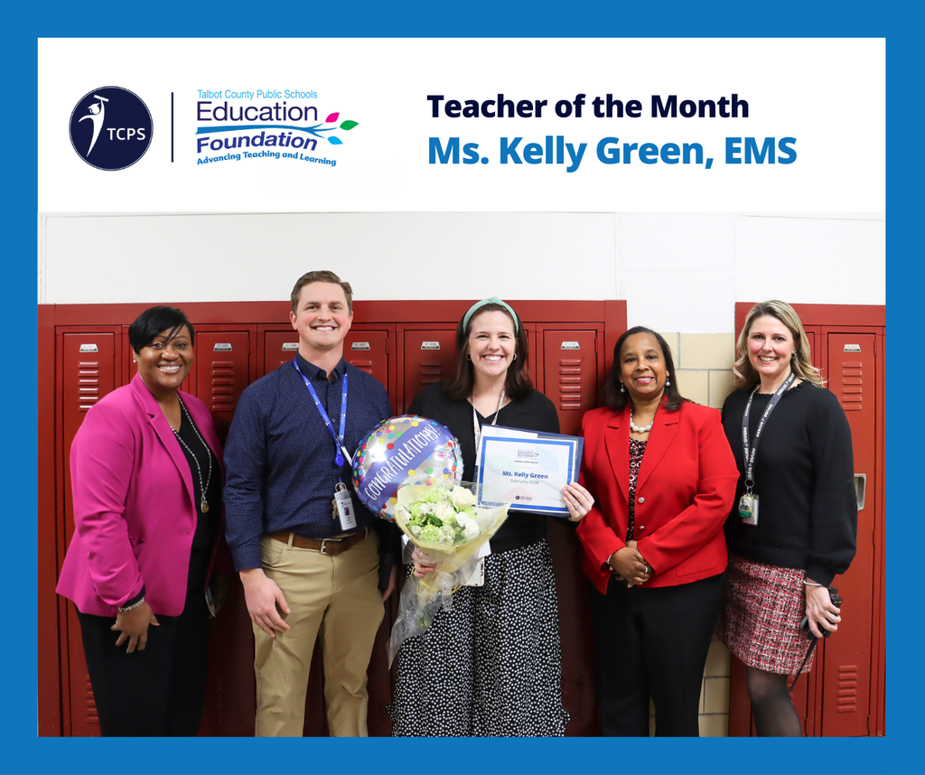 Kelly Green being honored as the Education Foundation Teacher of the Month pictured with principal Kelly Clausen, Dr. Sharon Pepukayi,  Logan Kurtz, and Dr. Zulieka Horsey