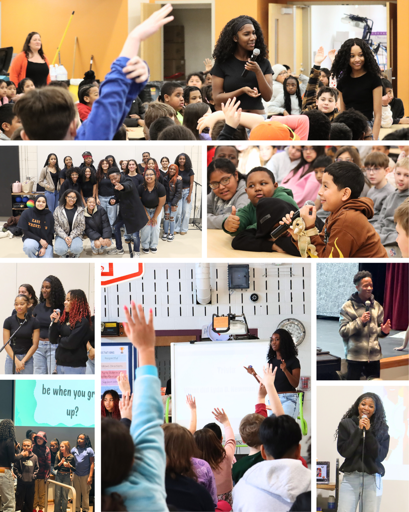 a collages of images of our EHS BEST and GOLD students presenting to and interacting with our elementary school students 