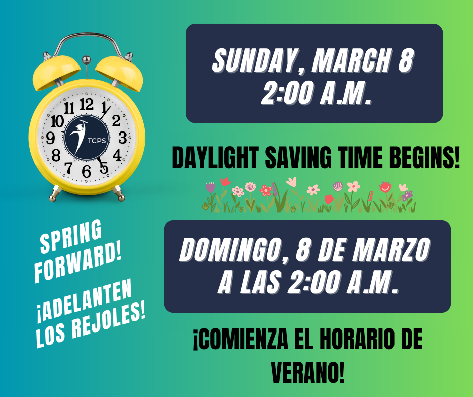 Blue and green graphic with clock - Sunday March 8, Daylight Saving Time Begins!