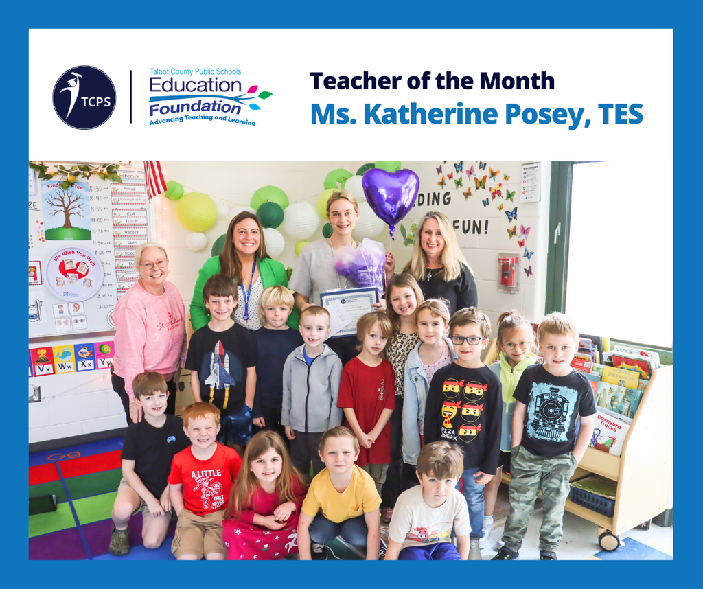 Katherine Posey, Ed Foundation Teacher of the Month, pictured with Dr. Helga Einhorn, Principal Ali Strickland, and her assistant and their Kindergarten class.