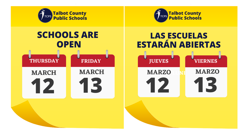 Yello and Navy Blue graphic - Schools are open Thursday, March 12 and Friday, March 13