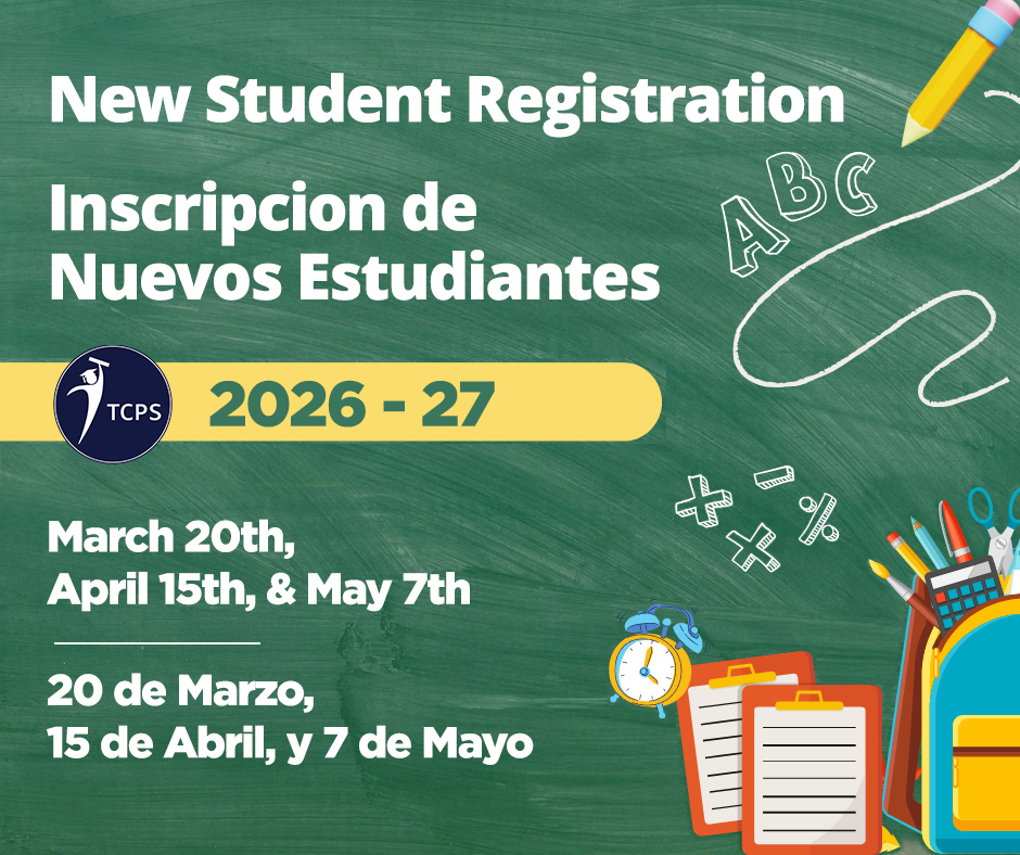 "New Student Registration" with dates and decorated in a back-to-school theme