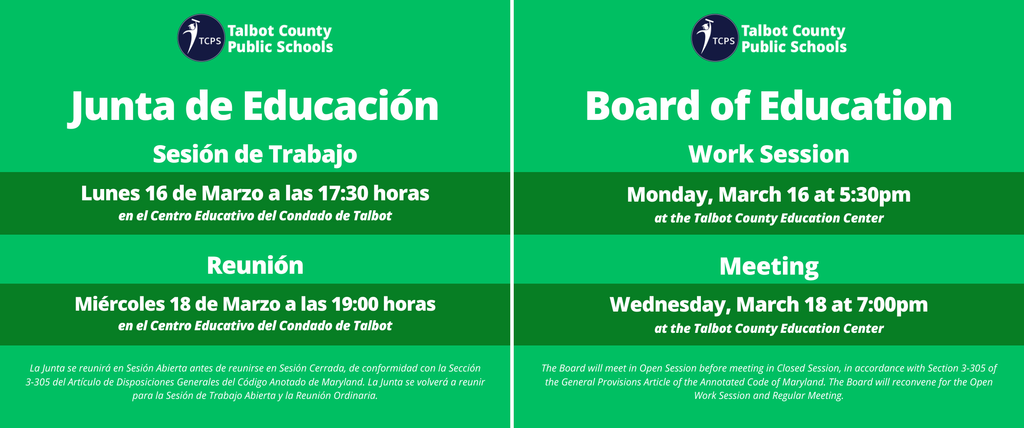 Board of Education Work session - Monday March 16 at 5:30 pm, Board of Education Meeting March 18 at 7:00 pm