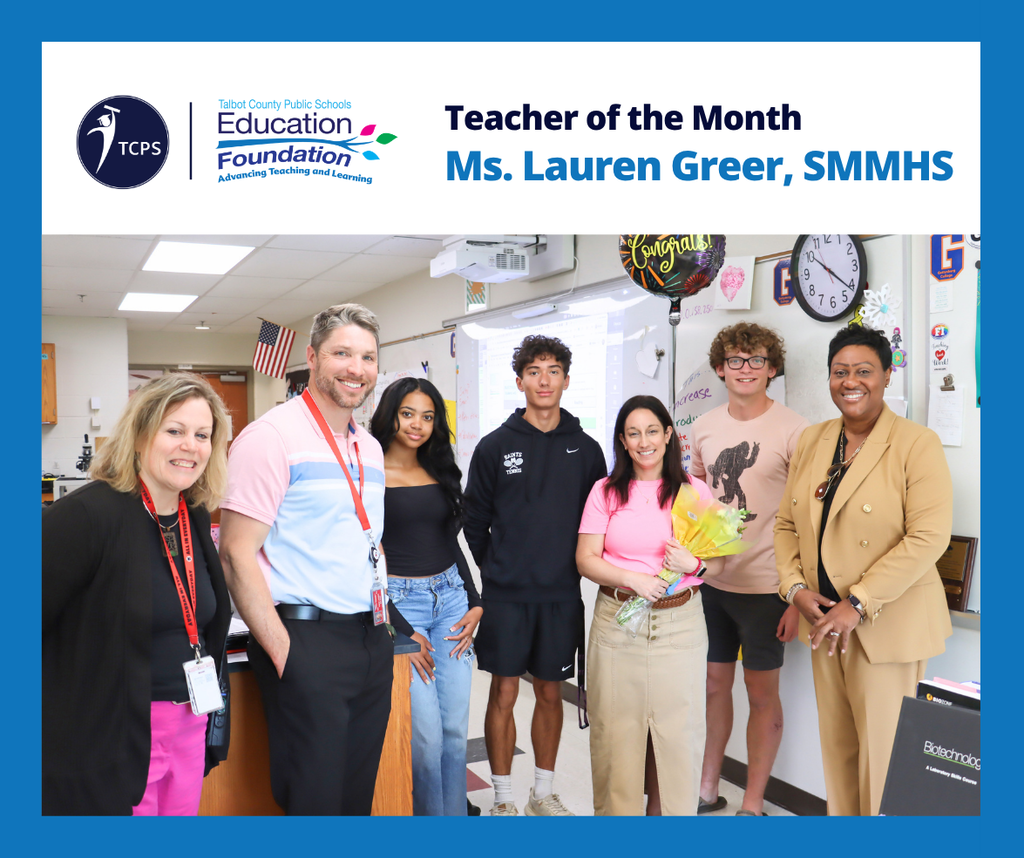 Lauren Greer, pictured with members of her class, Dr. Horsey, Principal Stoker, and Assistant Principal Rebecca Mielke-Mann as the Education Foundation's Teacher of the Month Award recipient