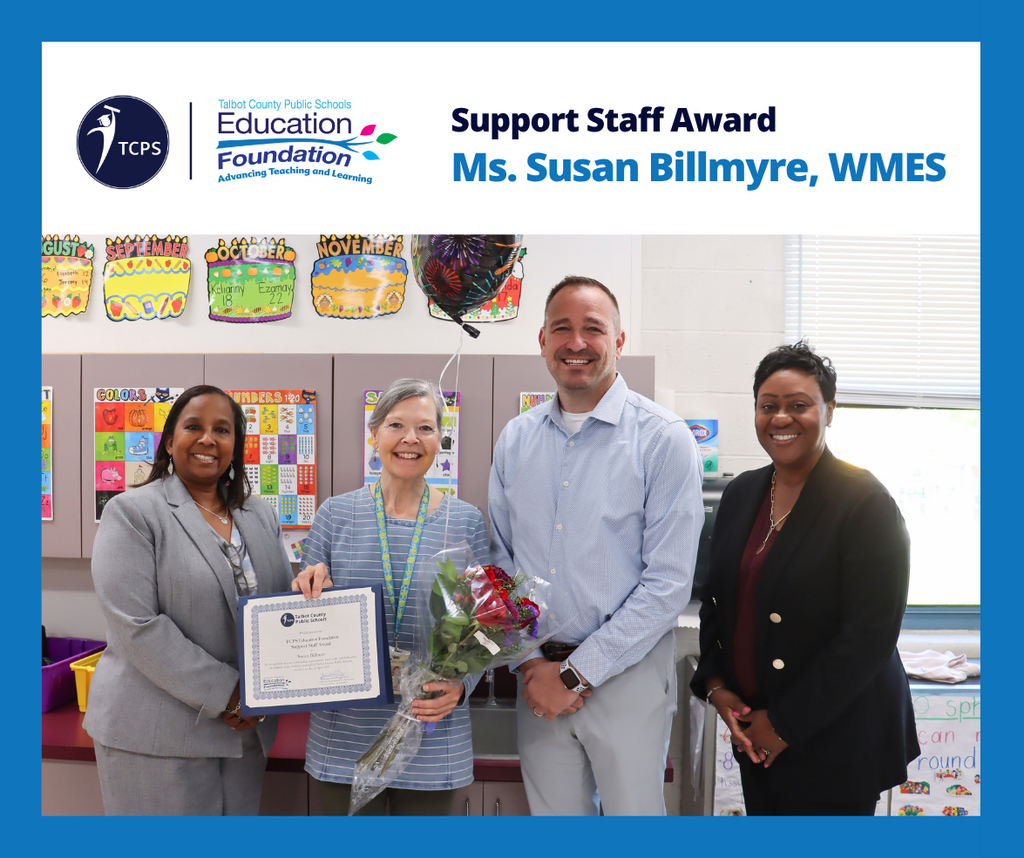 Susan Billmyre, Ed Foundation Support Staff of the Month, pictured with Dr. Sharon Pepukayi, Superintendent, Corey Devaric, Principal, and Dr. Horsey
