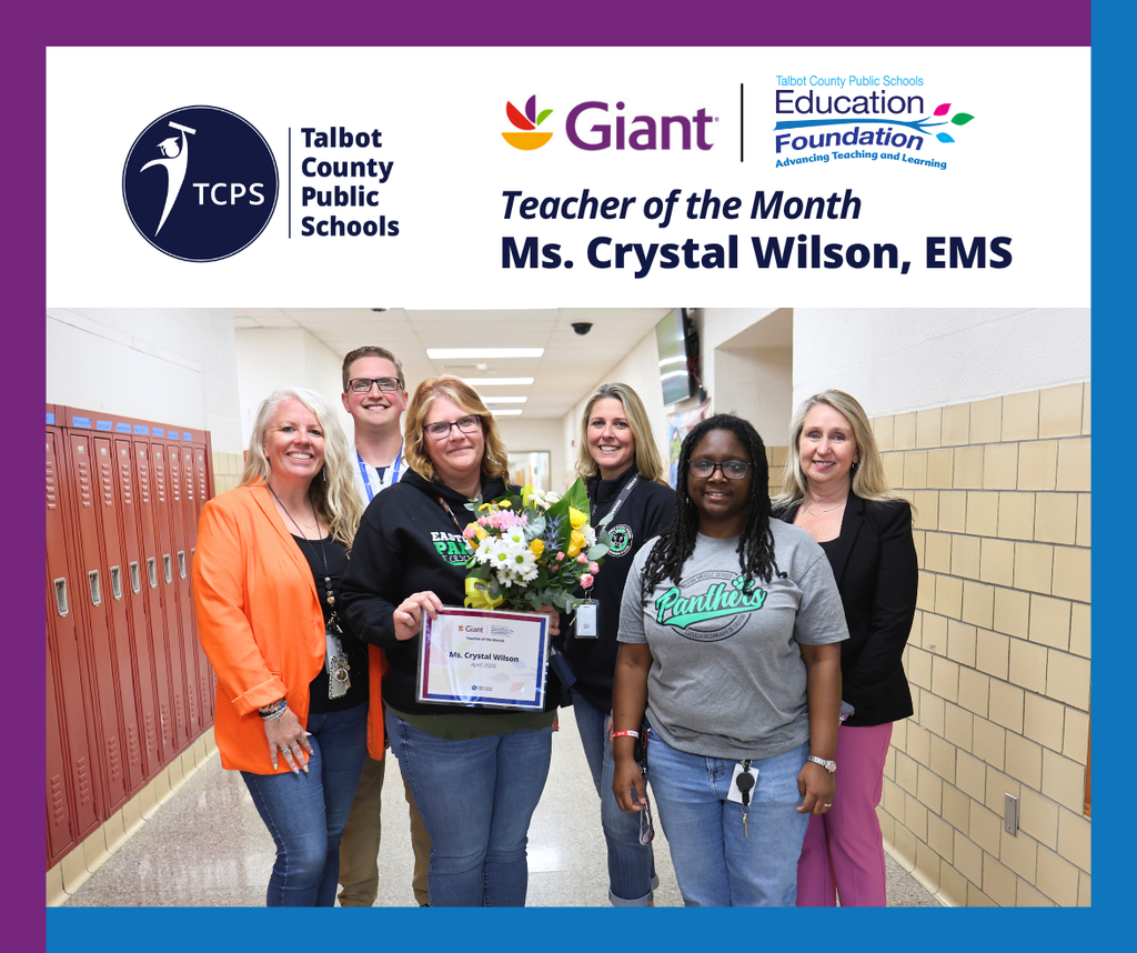 Crystal Wilson being honored as the Education Foundation Teacher of the Month pictured with principal Kelly Clausen, Ashley Quicke,  Logan Kurtz, Kierra Farre, and Dr. Helga Einhorn
