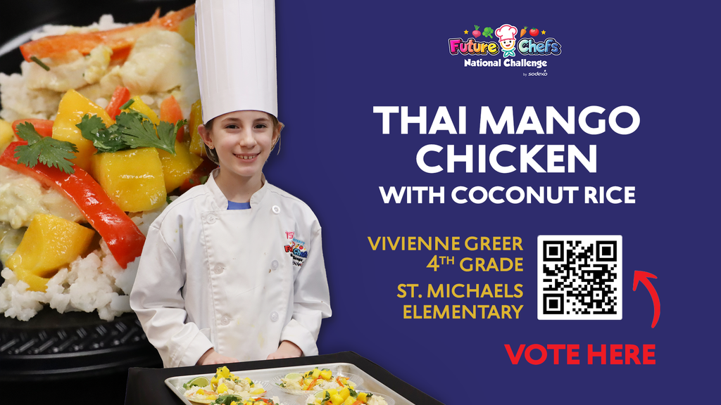 Decorative image of Vivienne Greer and her plated dish, Thai mango chicken with coconut rice, and a QR code to vote for her recipe!