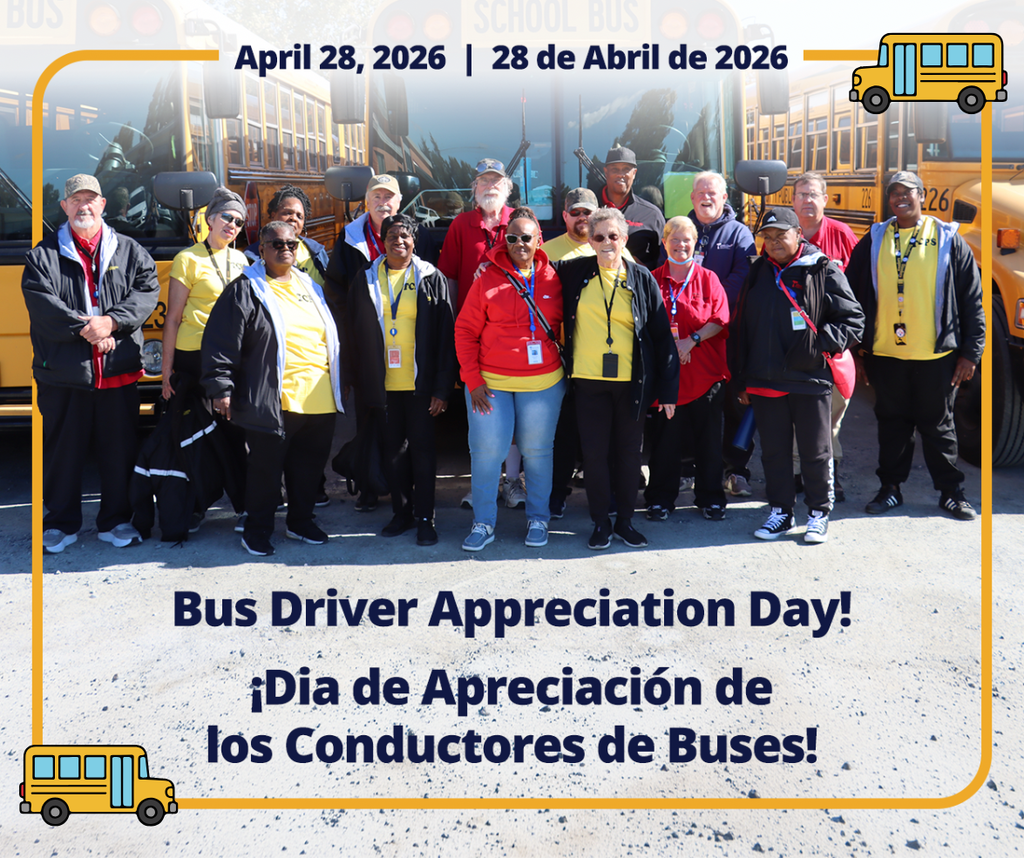 Photo of bus drivers with the date, April 28, 2026, and the words "Bus Driver Appreciation Day" in English and Spanish