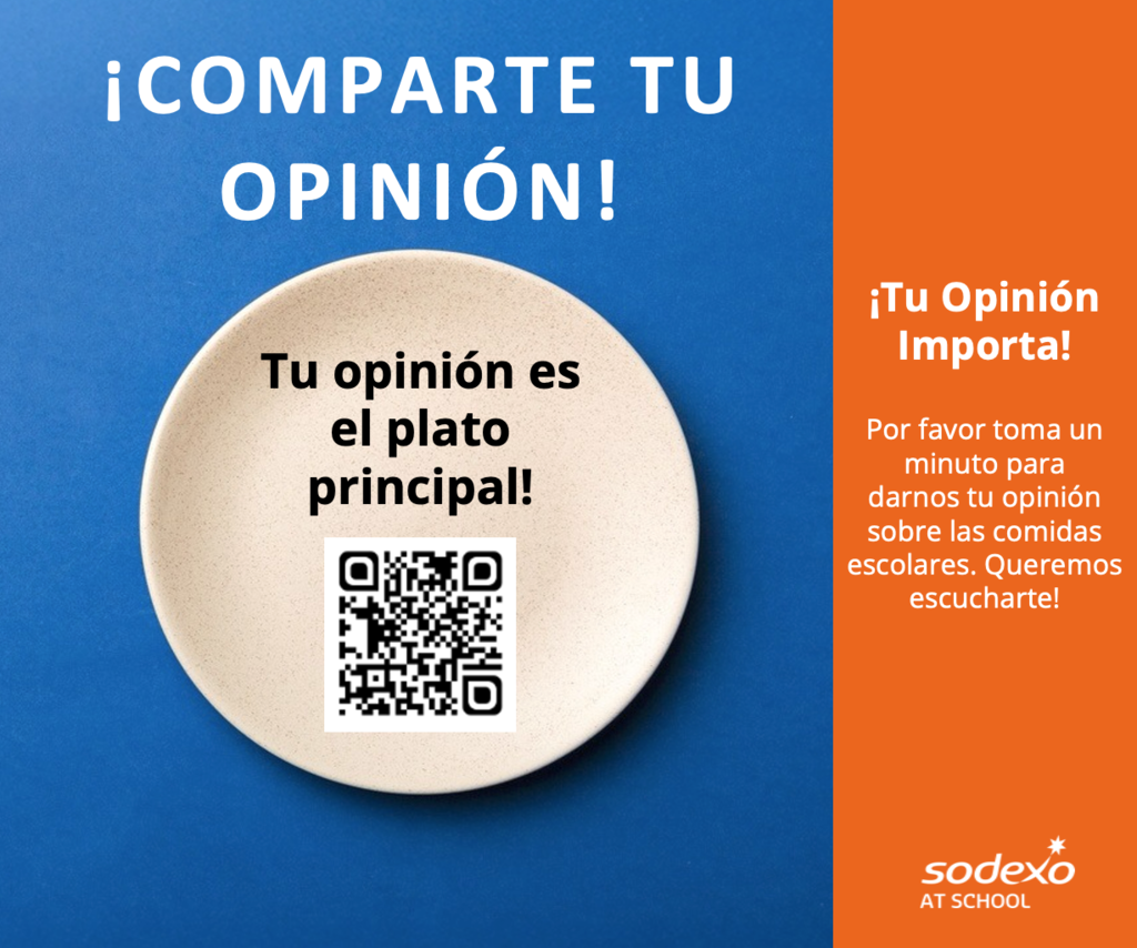 Sodexo Survey ad with QR code. A photo of a plate that says "Dish it Out"
