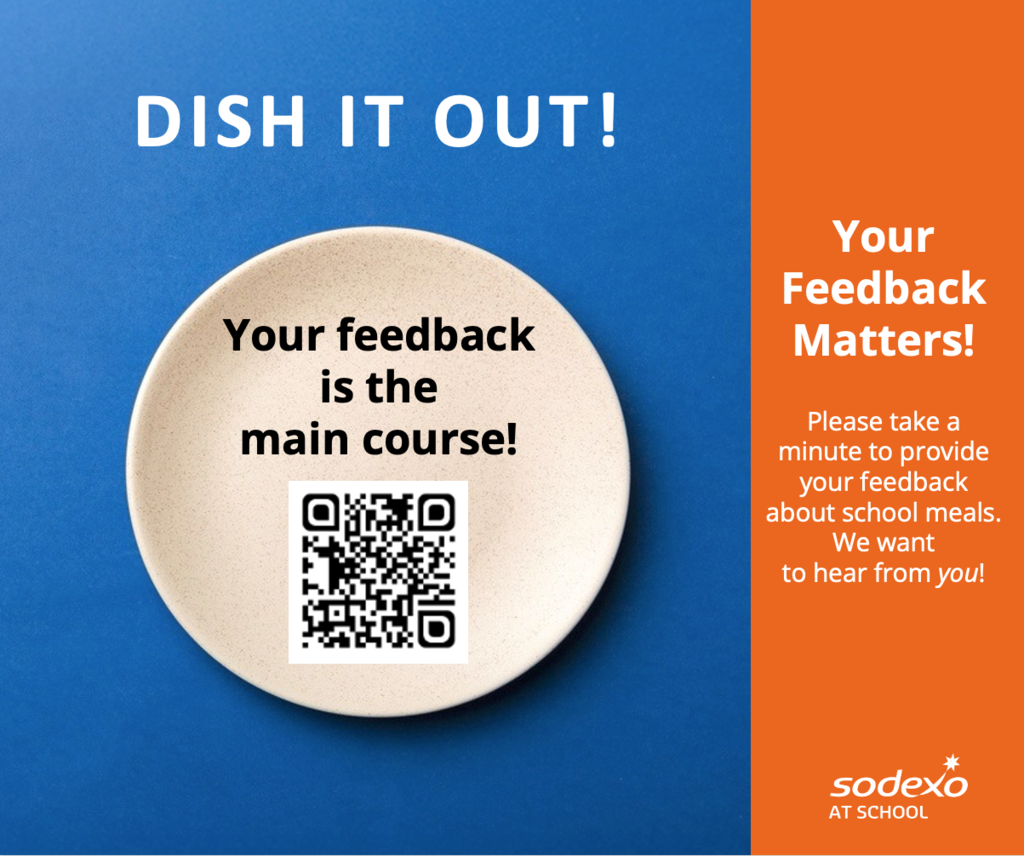 Sodexo Survey ad with QR code. A photo of a plate that says "Dish it Out"