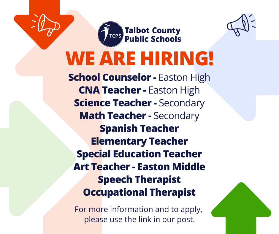 TCPS Themed graphic that says "We are hiring" and a list of open positions.
