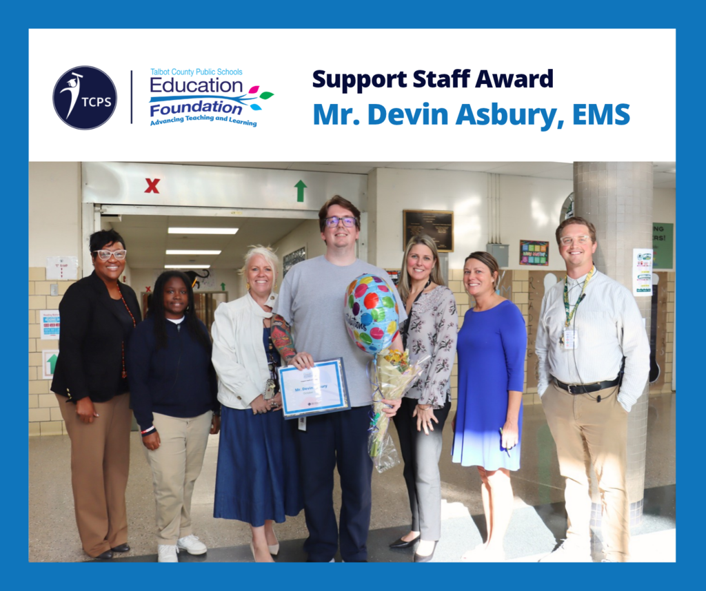 Devin Asbury of Easton Middle School pictured with the principal and assistant principals after being honored as the Support Staff of the Month