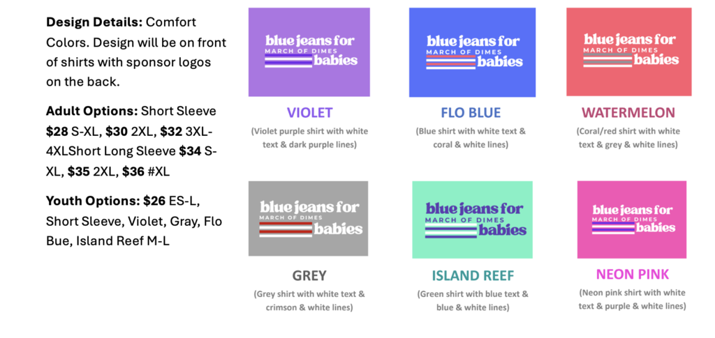 Image showcasing t-shirt designs for the March of Dimes, with color options and pricing.