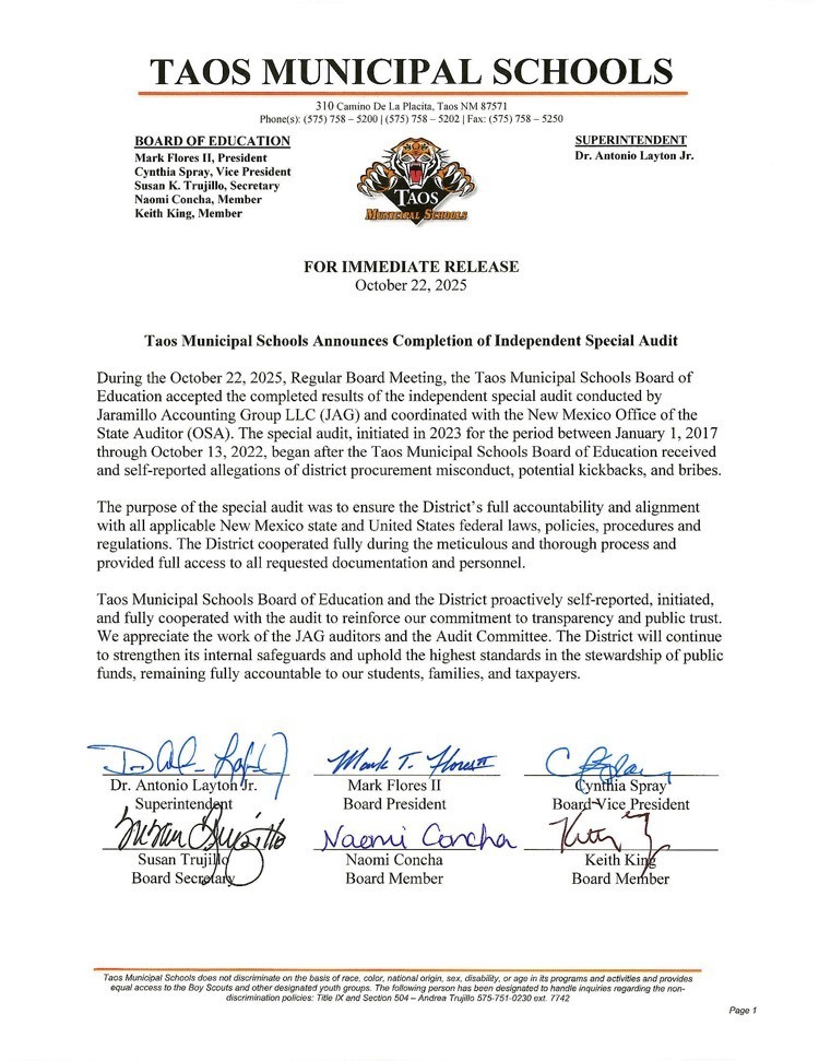 Taos Municipal Schools Announces Completion of Independent Special Audit.