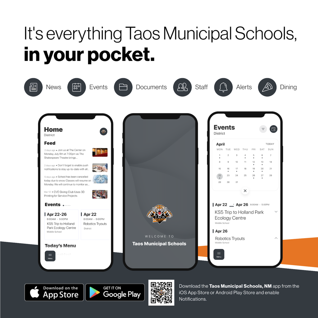 a graphic showcasing the new Taos Municipal Schools app. It's everything Taos Municipal Schools, in your pocket. There is a QR code for download at the bottom of the graphic