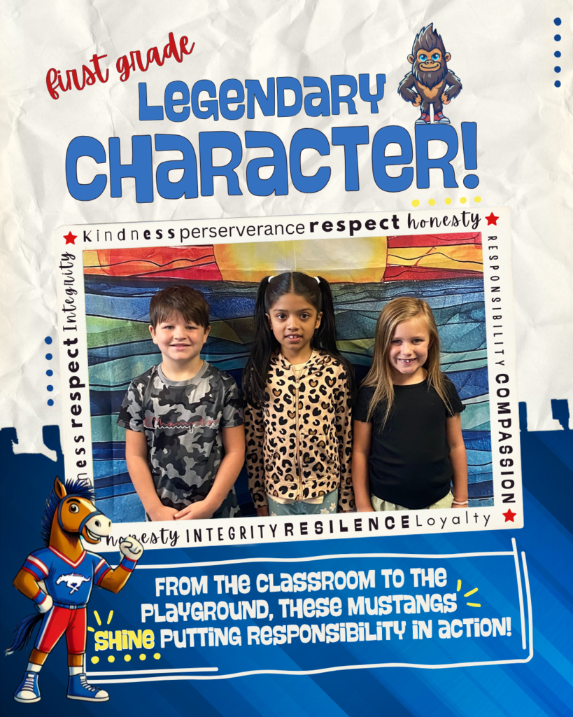 Mustang and sasquatch standing next to photo of students