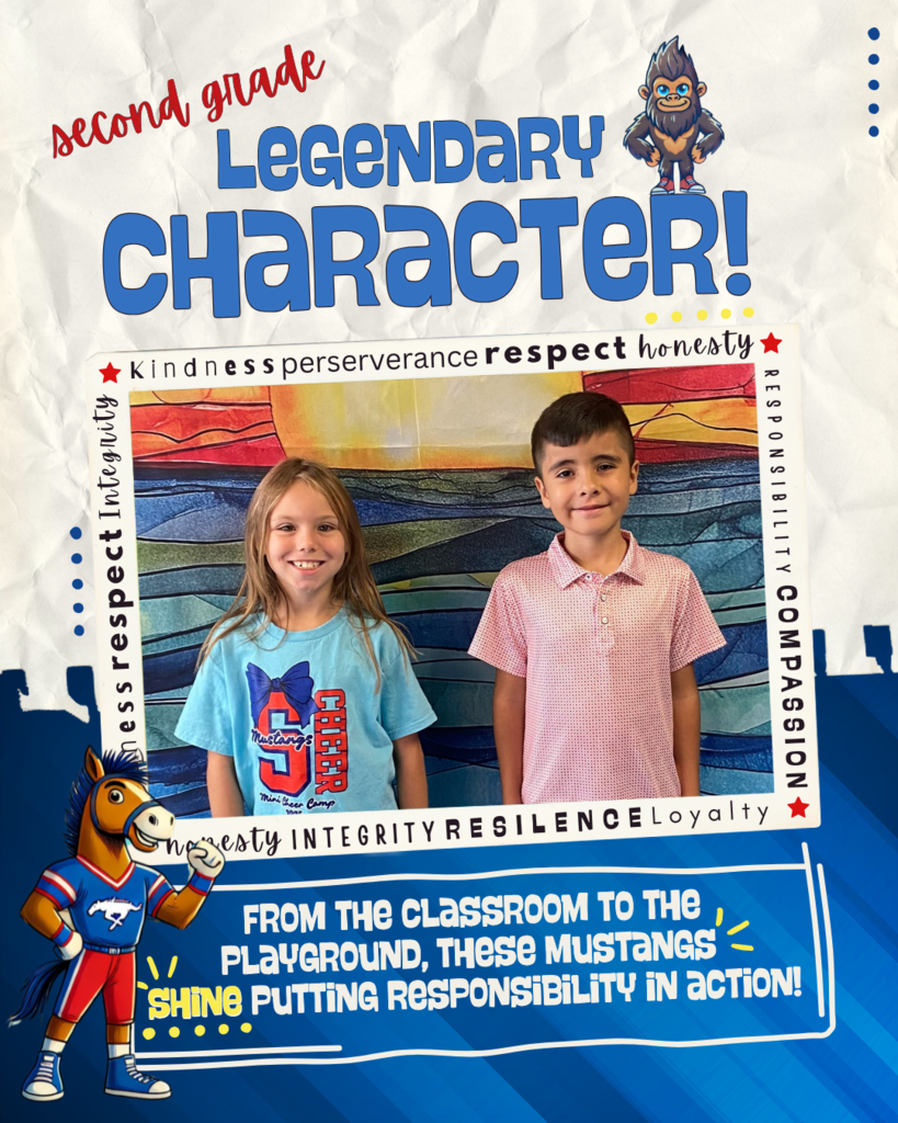 Mustang and sasquatch standing next to photo of students