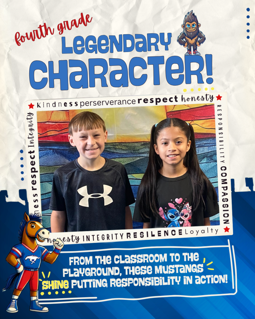 Mustang and sasquatch standing next to photo of students