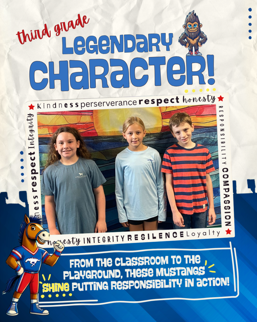 Mustang and sasquatch standing next to photo of students