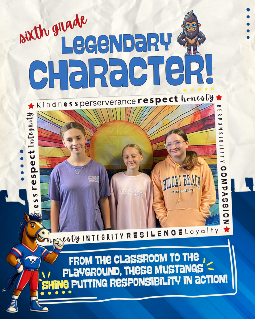 Mustang and sasquatch standing next to photo of students