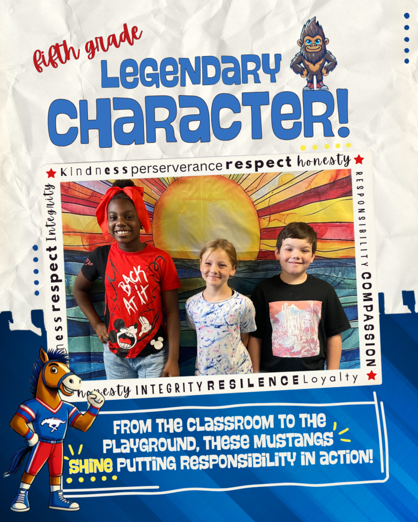 Mustang and sasquatch standing next to photo of students