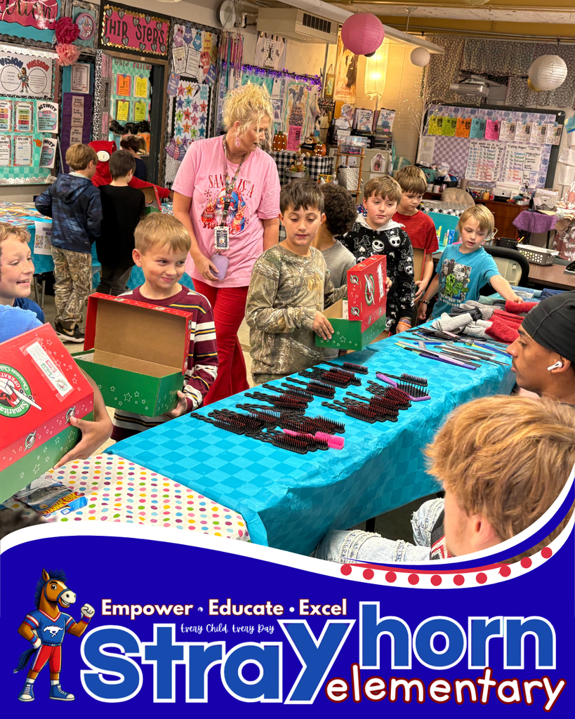 classroom with students walking around tables filled with items and  choosing items for shoebox from items on table