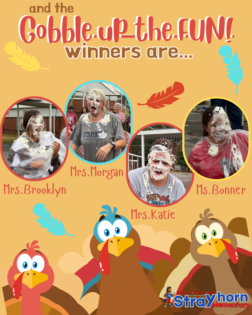 3 turkeys and 4 teachers with face covered in pie