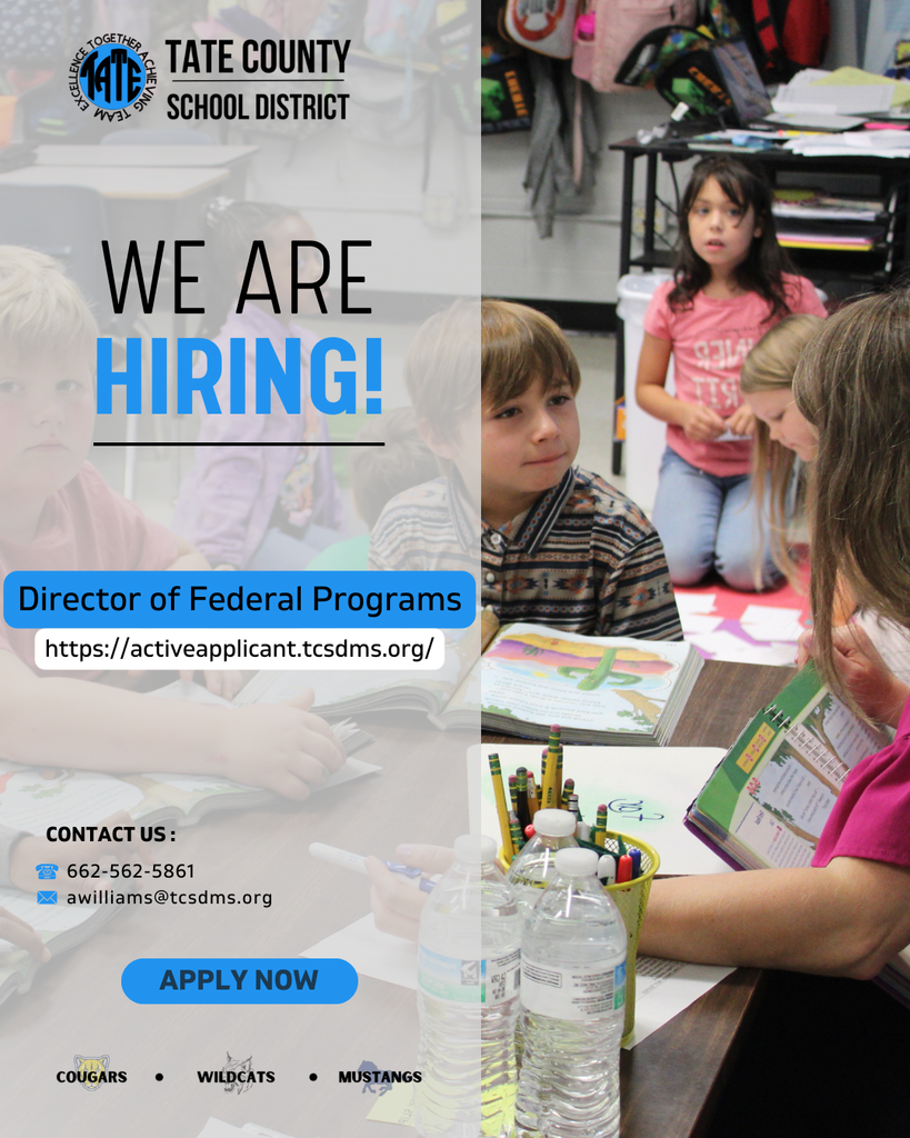 Tate County School District is excited to announce an opening for the position of Director of Federal Programs. We are seeking a dedicated leader who is passionate about maximizing resources and supporting programs that drive student achievement across our district. Join our team and help us continue to provide exceptional opportunities for every student!  📅 Application Deadline: January 27, 2026  💻 Apply online at activeapplicant.tcsdms.org #TogetherAchievingTeamExcellence