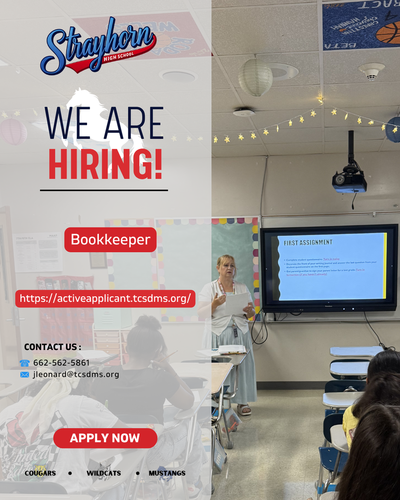 Strayhorn High school is hiring a bookkeeper.  Teacher and students in a classroom. 