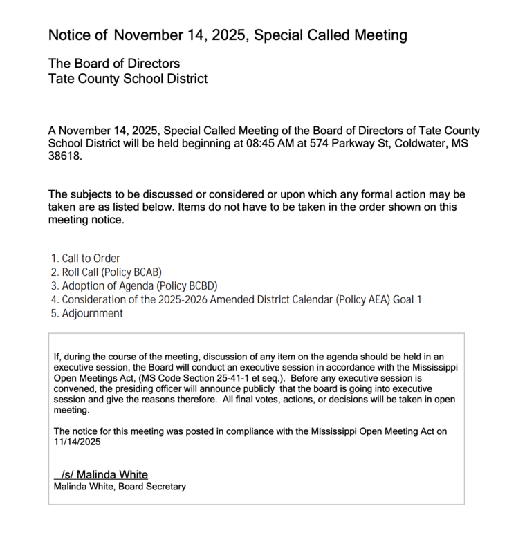 Special Called meeting November 14 at 8:45