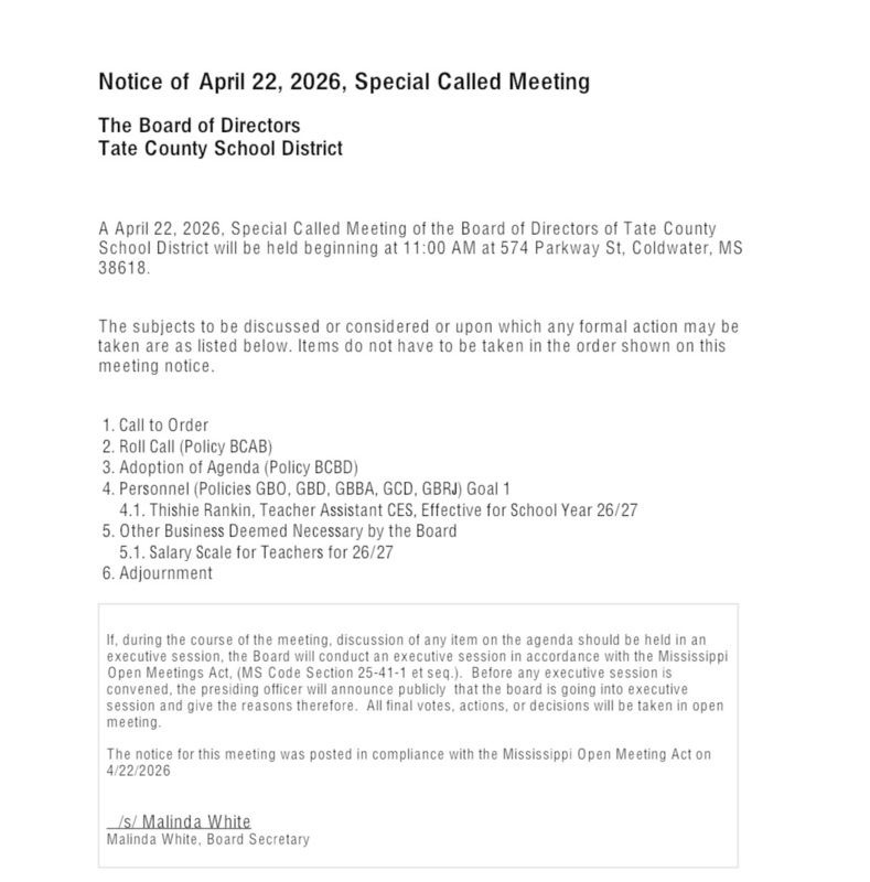 Special Called Meeting today at 11:00