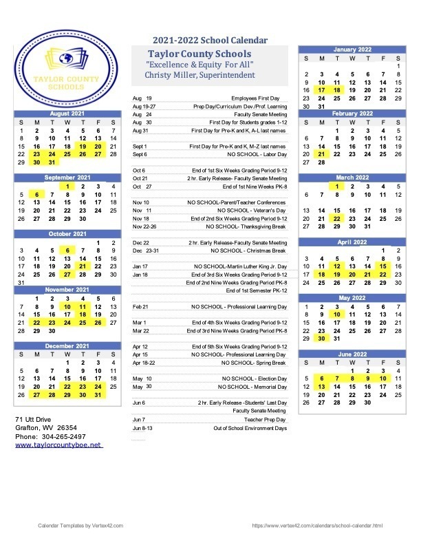 2021-2022 TCS District Calendar | West Taylor Elementary School 2021-2022 TCS District Calendar | West Taylor Elementary School