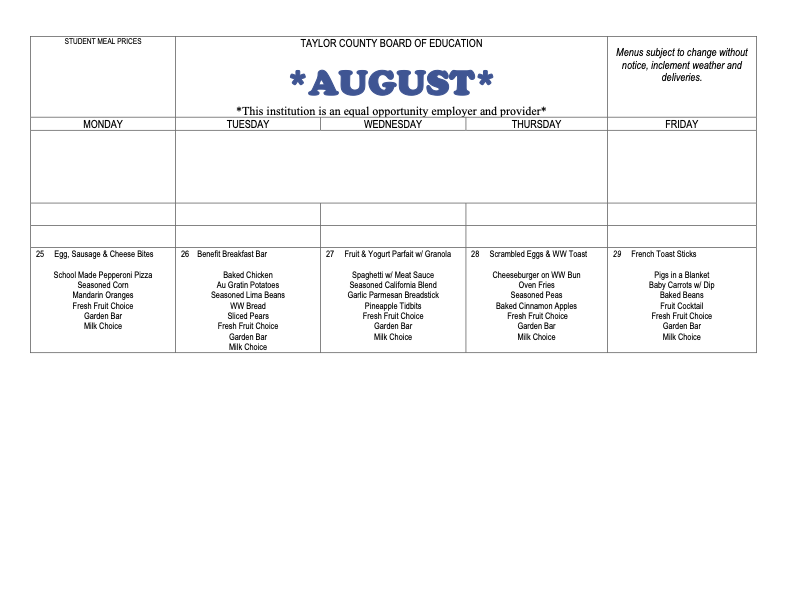 August Lunch Menu