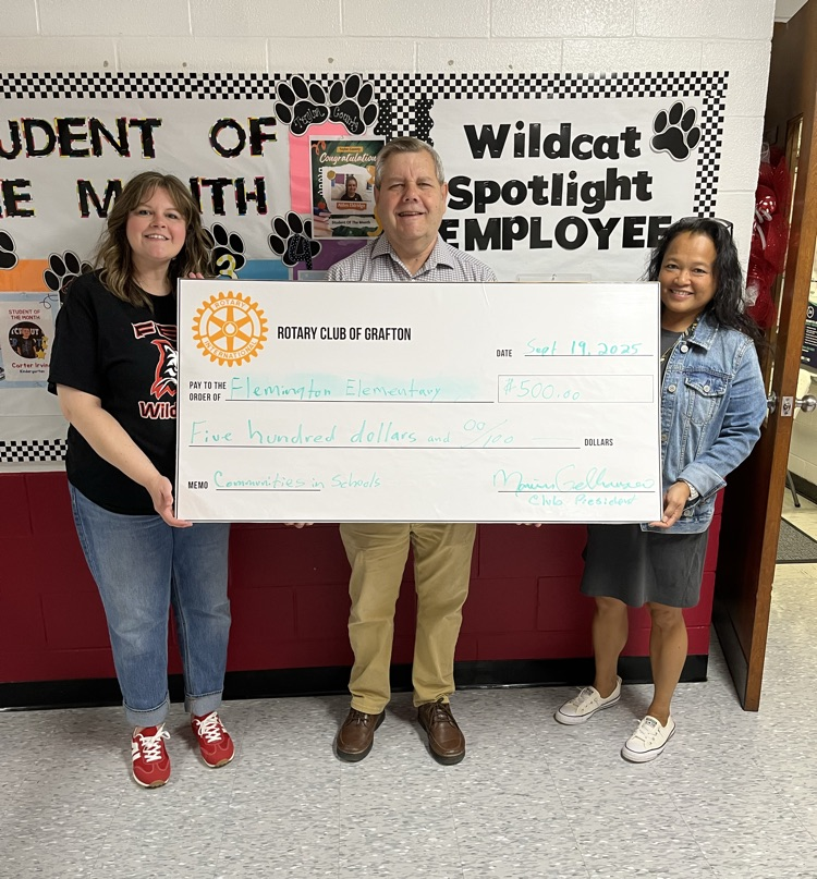 Thank you to the Grafton Rotary Club for their generous donation to Communities In Schools. It will be a big help at Flemington Elementary School.