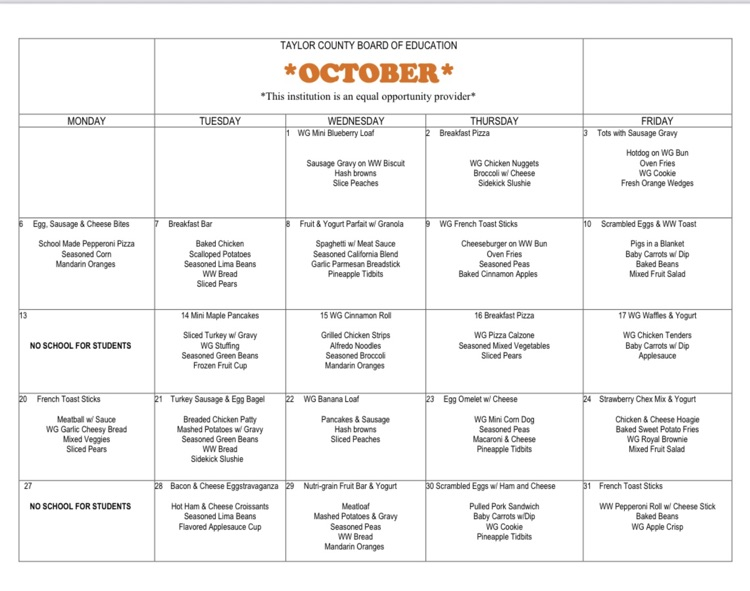 Oct. Lunch Menu