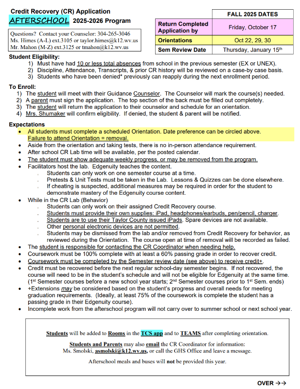 2025 Fall Credit Recovery Application Information