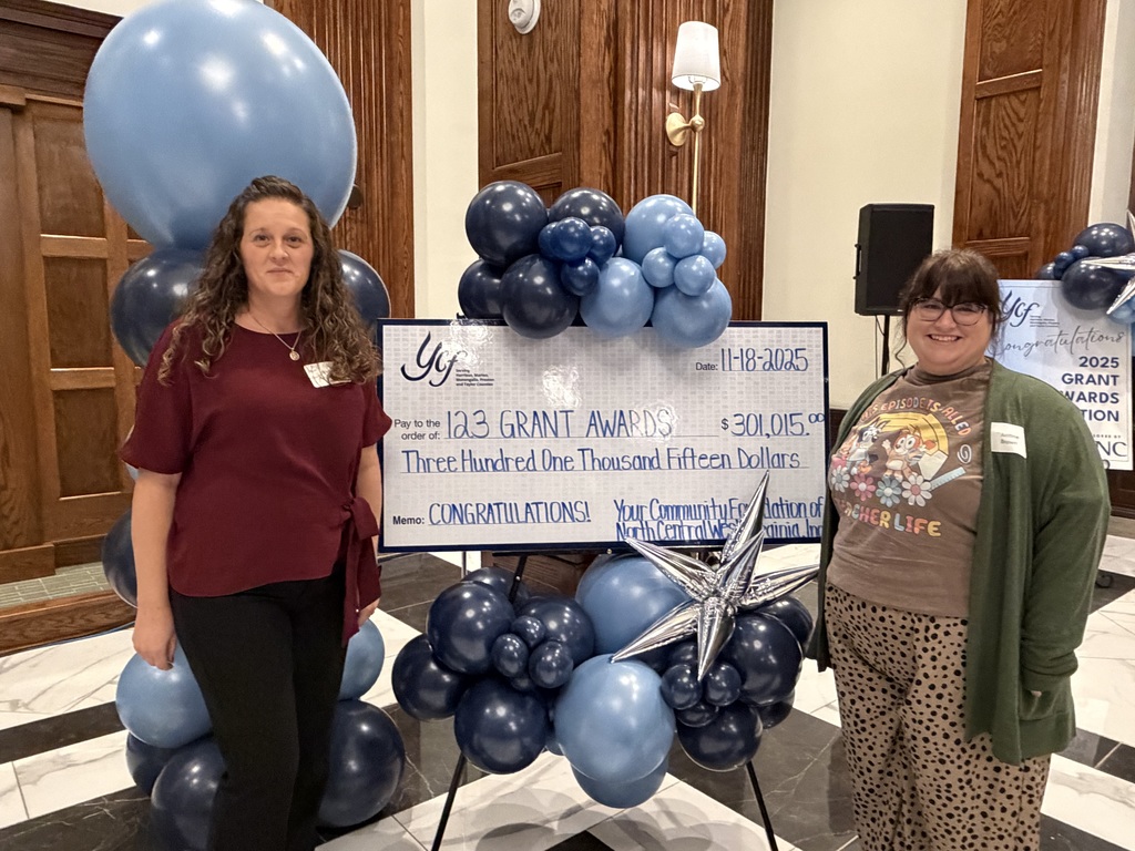 Starla McCauley from Anna Jarvis Elementary School and Justine Brown from West Taylor Elementary School posing with check for all grants awarded from Your Community Foundation