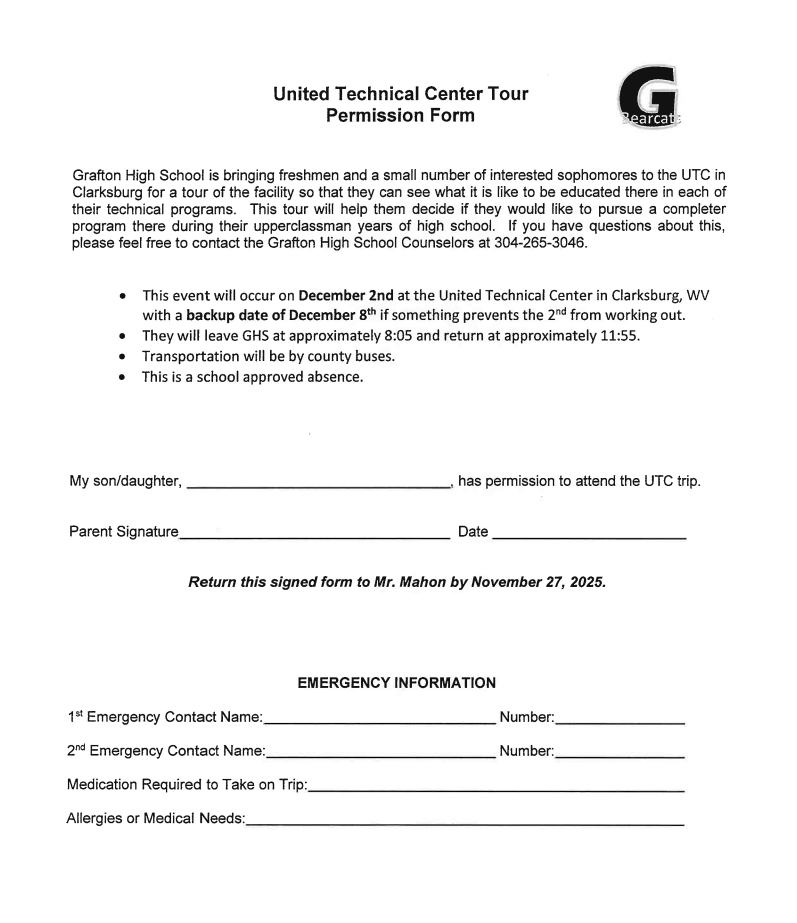 Permission form for 9th grade students to attend the UTC trip.