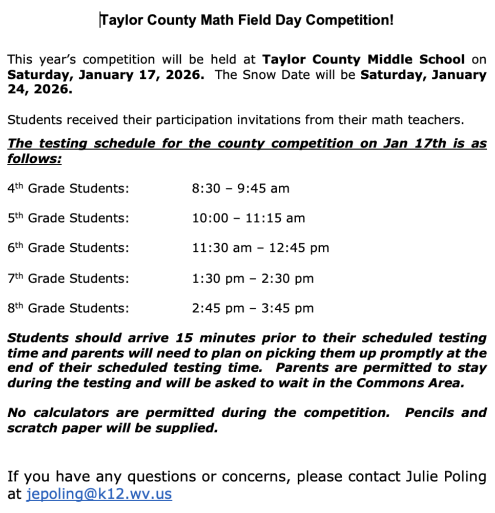 Math Field Day Competition Schedule