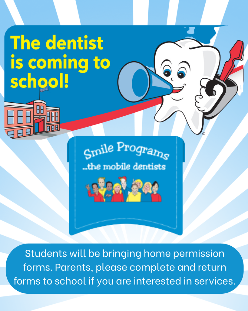 The dentist is coming to school! Animated tooth with megaphone and Smile Programs logo.