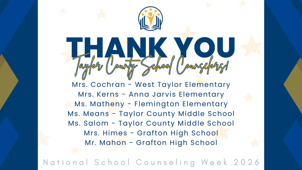 White image with blue and gold border on the left and right side with yellow stars in the background and lists the counselors at each school