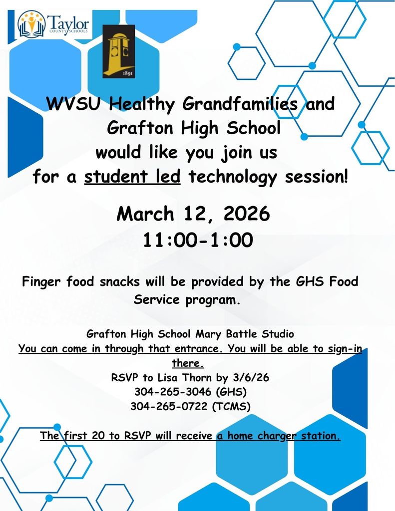 Healthy Grandfamilies March Session is 3/12/26. It will be a technology session led by Grafton High School students. It will take place at the Mary Battle Studio at GHS from 11:00 a.m. to 1:00 p.m.