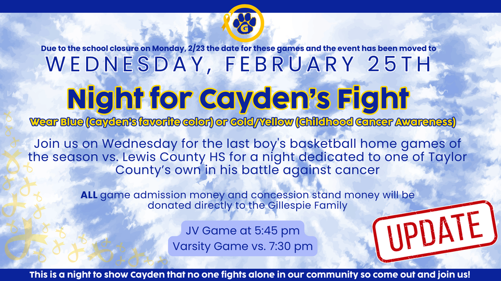 IMPORTANT UPDATE- Night for Cayden's Fight has been changed to Wednesday 2/25