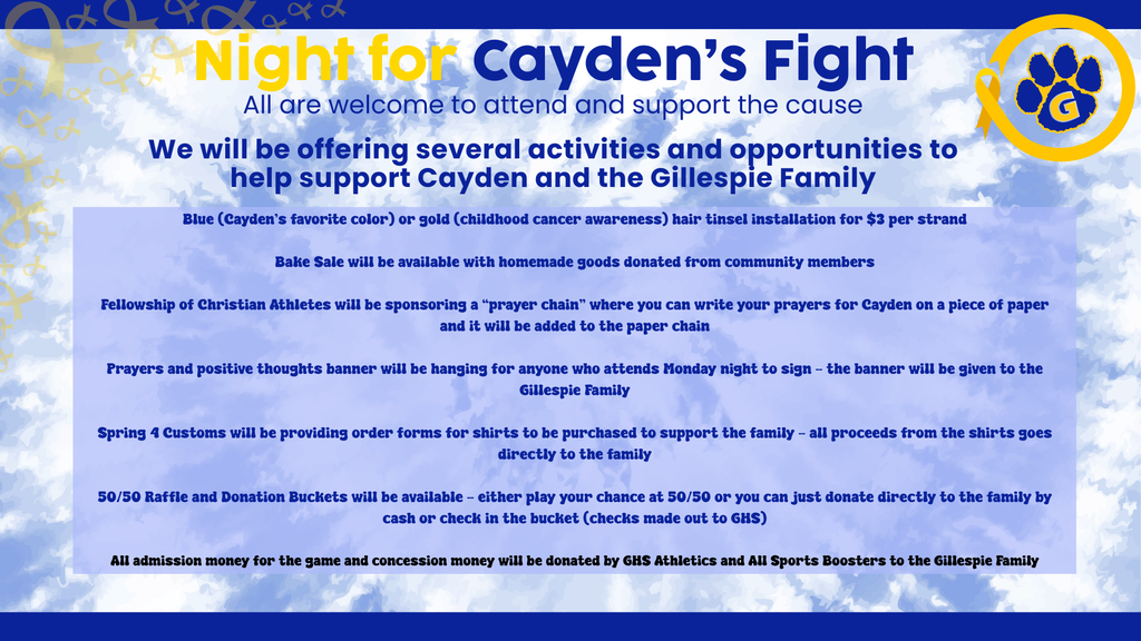 IMPORTANT UPDATE- Night for Cayden's Fight has been changed to Wednesday 2/25