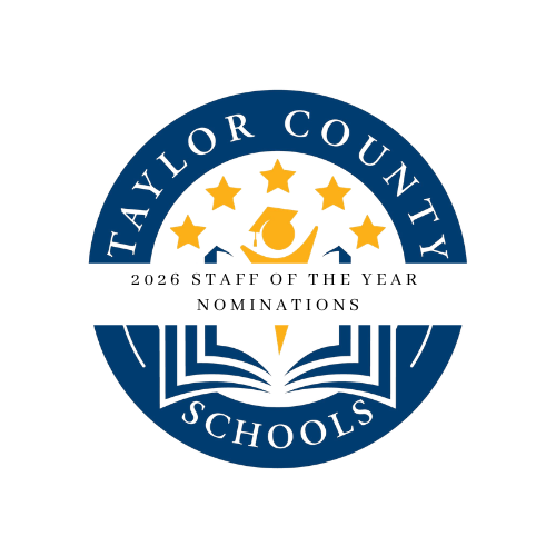 Taylor County Schools blue and gold logo with the words 2026 Staff of the Year Nominations placed in the middle