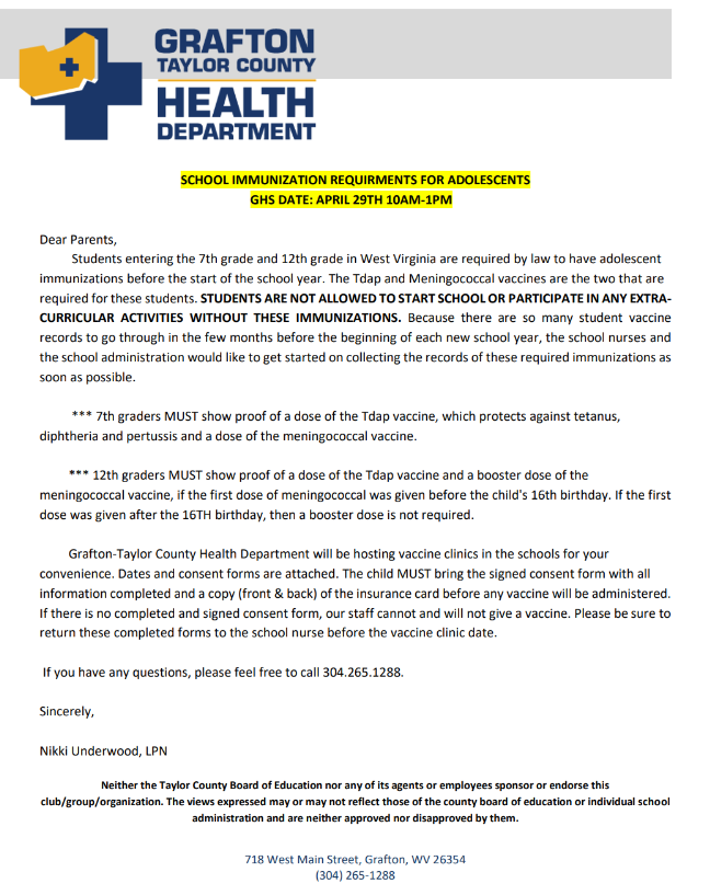 School Immunization Information on 4/29