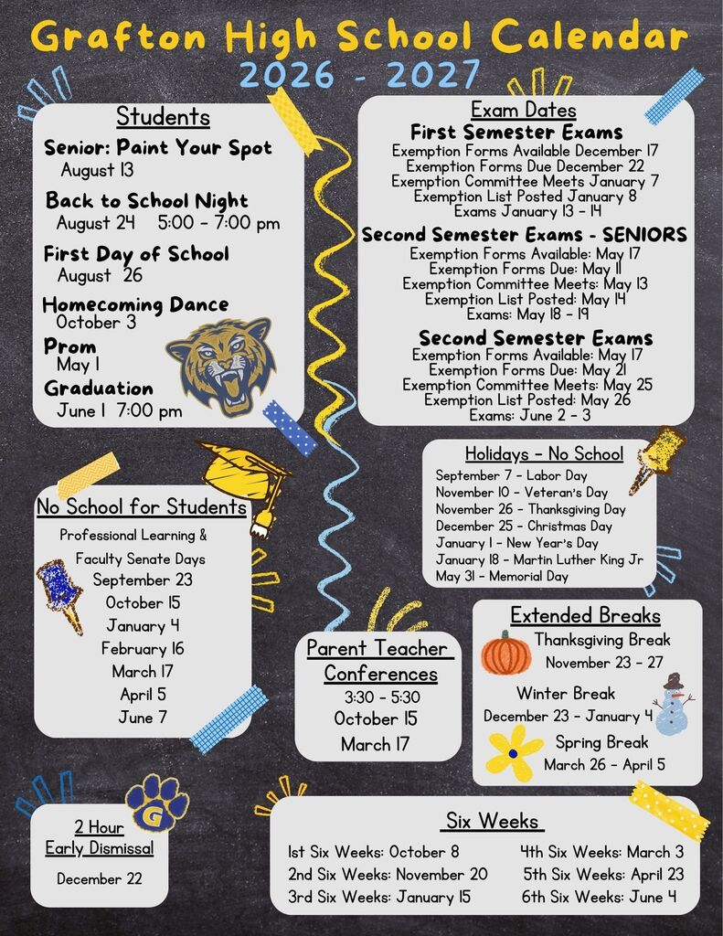 GHS School Calendar of academic, school spirit, and school closing events 