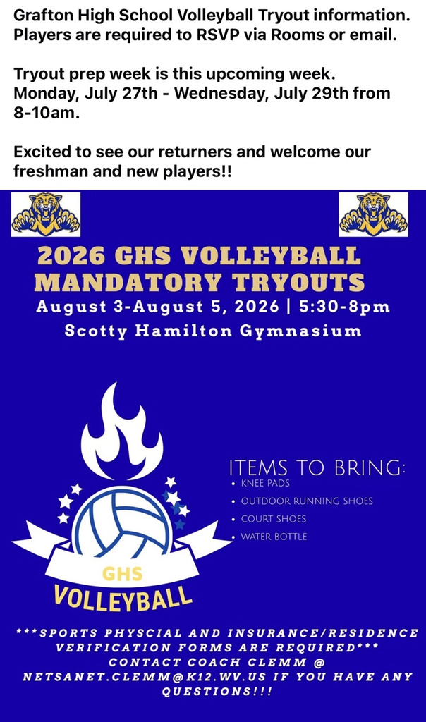Information regarding GHS Volleyball tryouts - please reach out to Coach Clemm if you have any questions. Good luck to all who are trying out 🏐💙💛