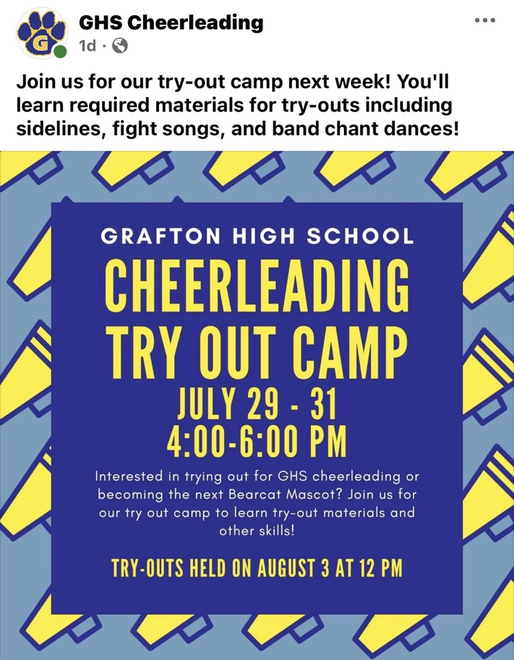 Information regarding GHS Cheer tryouts! Good luck to all trying out! We look forward to seeing you on the sidelines cheering on the Bearcats this year 💙💛📣