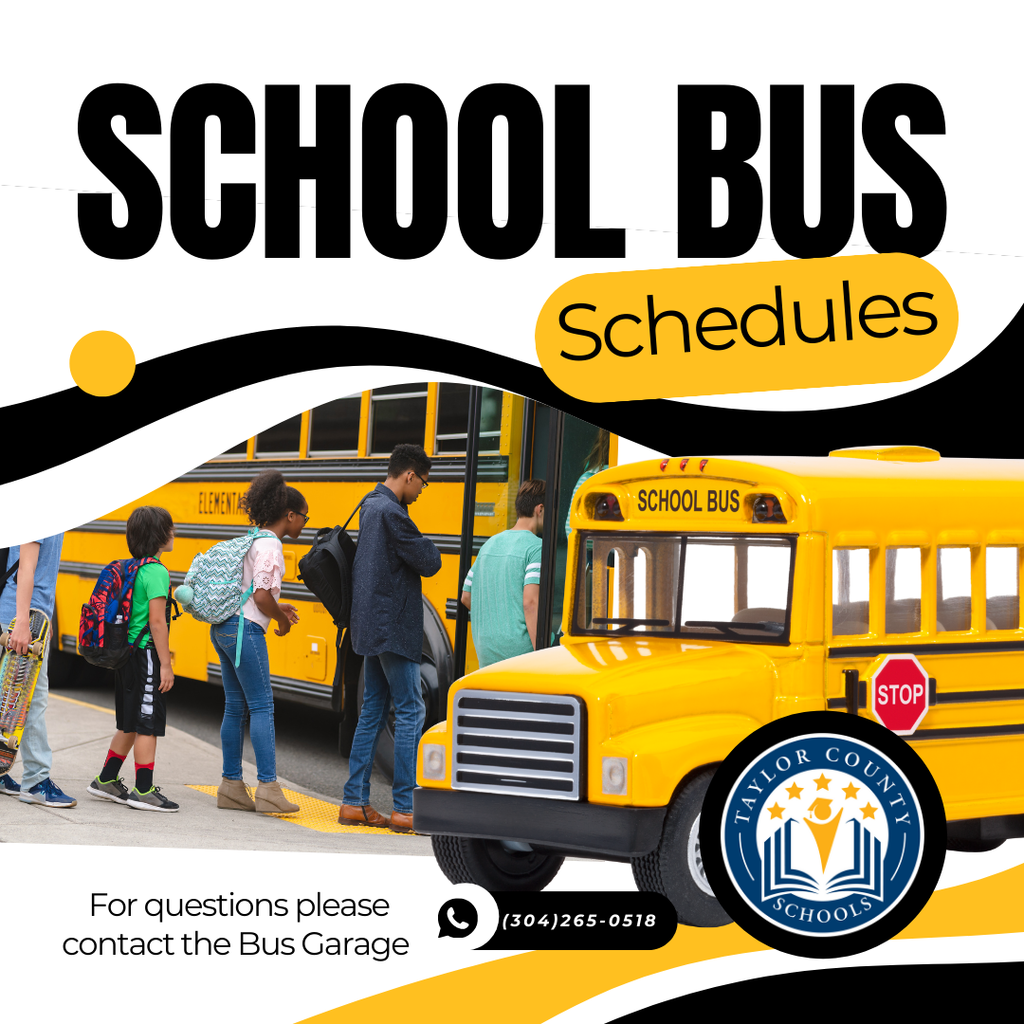 Graphic with students loading a school bus and the TCS logo with text stating School Bus Schedules and for questions contact the bus gargage at 3042650518.